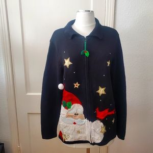 Y2K Classic Elements Sweater, Mistletoe Zipper, Black w Santa Applique, M